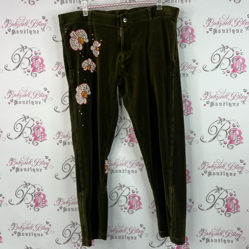 Alanda rling pants soft bling rhinestone flowers pockets y2k Olive Green Pants - Picture 1 of 14